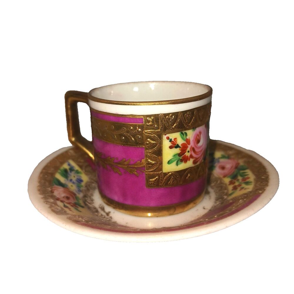 Vintage Demitasse Cup & Saucer With Heavy Gold Unmarked Pink Floral Child Tea